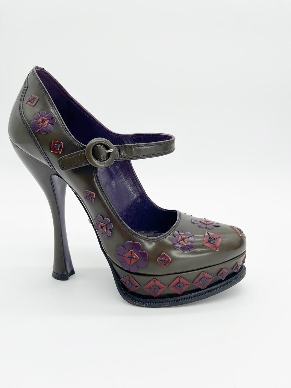 Prada Fall 2012 Green Floral Applique Mary Jane Chunky Platform Heels IT 37.5